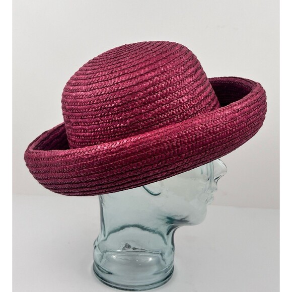 VTG Laura Ashley Italy Pink Red Raffia Straw Hat Rolled Brim Coche Style Cottage main image 10